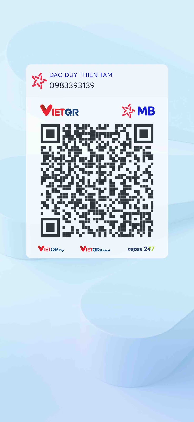 VietQR ngân hàng MB, DAO DUY THIEN TAM, số tài khoản 0983393139